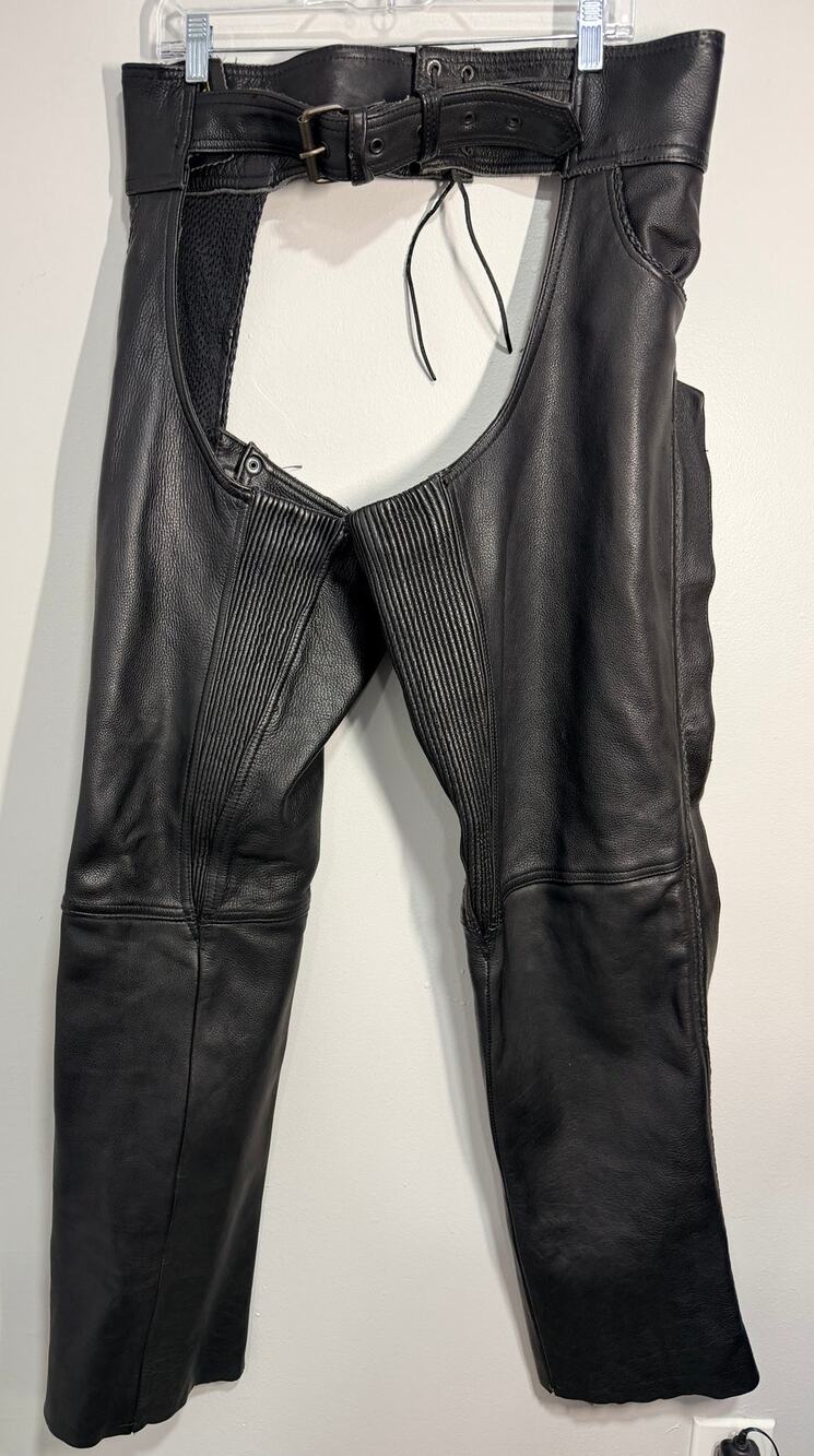 Unik International Black Leather Motorcycle Chaps Unisex Biker Riding Gear XL